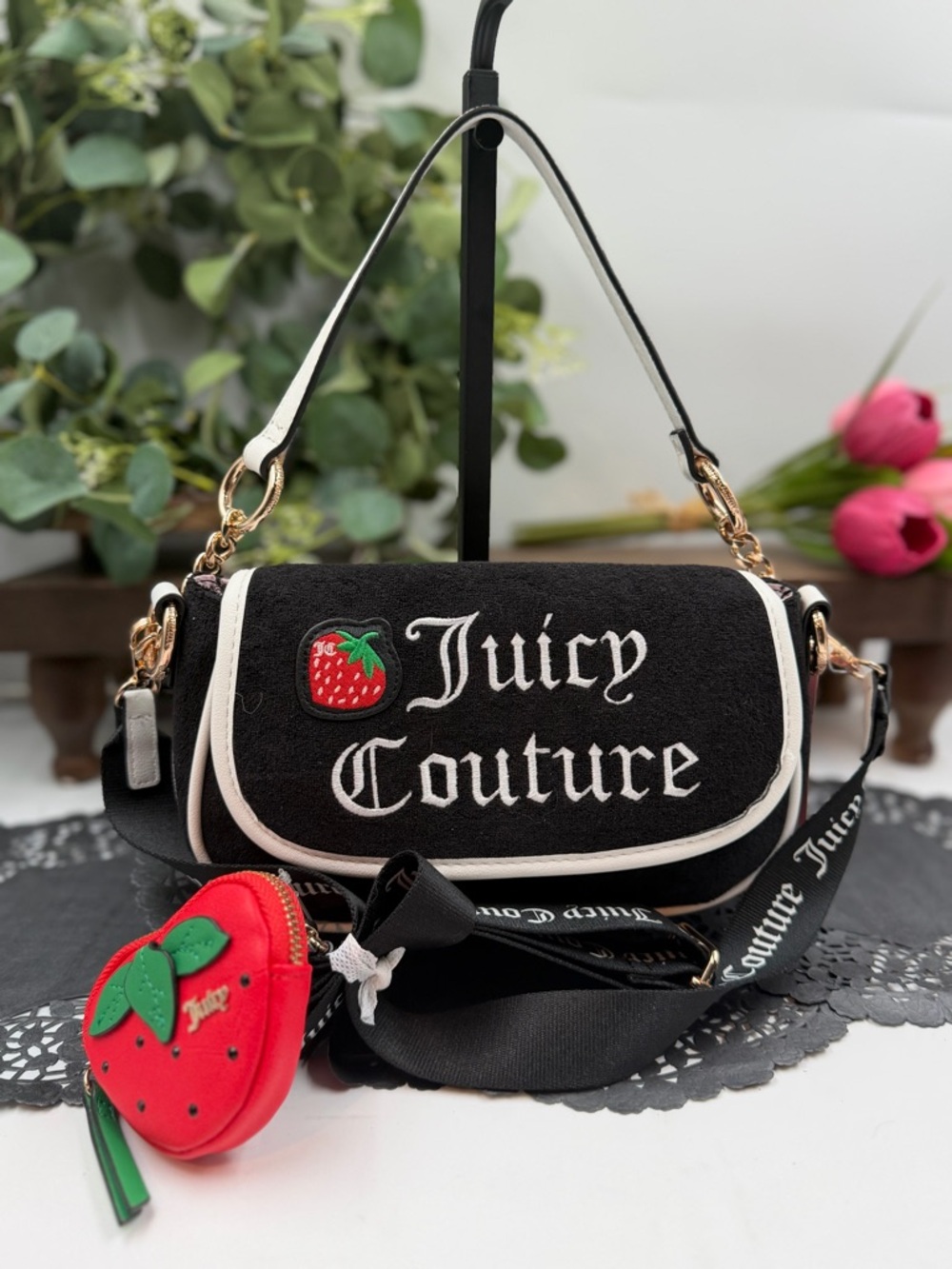Juicy Couture SweetNJuicy Flap Shoulder Bag Licorice Angel Strawberry Charm NWT